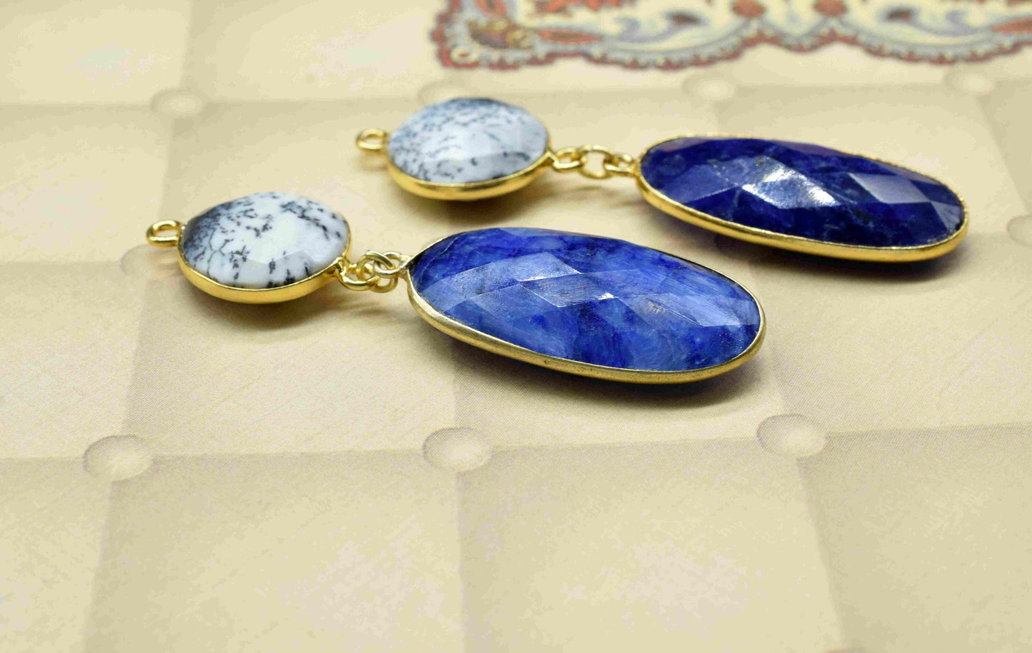 Blue Sapphire Dangle pendants,Station Link,Handmade jewelry,Dendrite pendant Charms,Component pendant,Multi Gemstone Connector,Bezel Jewelry