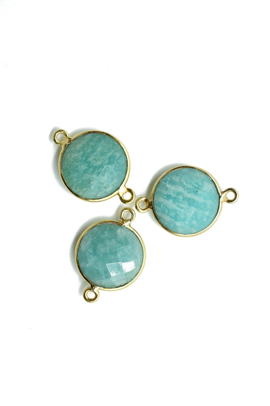Amazonite 14mm Round double loop Connectors,Brass Gold Plated bezel,Amazonite Pendant,Amazonite Coin shape Links,Jewelry Making Findings