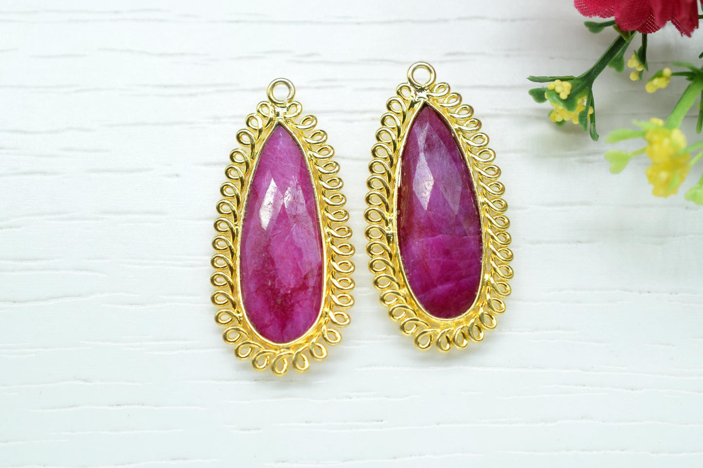 Natural Ruby 10x30mm Teardrop Bezel Charm,Single Bail Pendant,Handmade Jewellery Connectors,Gemstone Brass Component,Handmade Connector,Gift