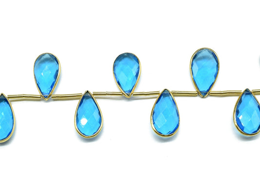London Blue Topaz Side to Side Drilled chrams,Faceted Teardrop Gold Bezel ,pendant,earring findings,connector,Gemstone drilled bezel strand