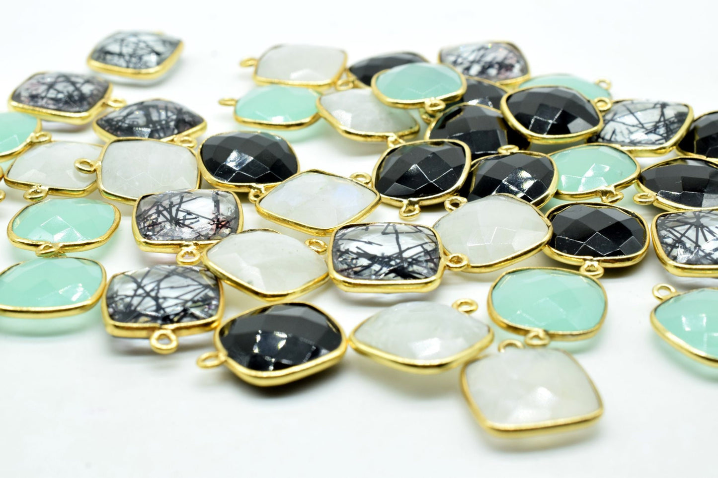 Moonstone 14mm Cushion Bezel charm,Elegant Moonstone Gemstone Components Cushion Shape Connectors,Single Bail Over Brass Gold Edge Jewelry