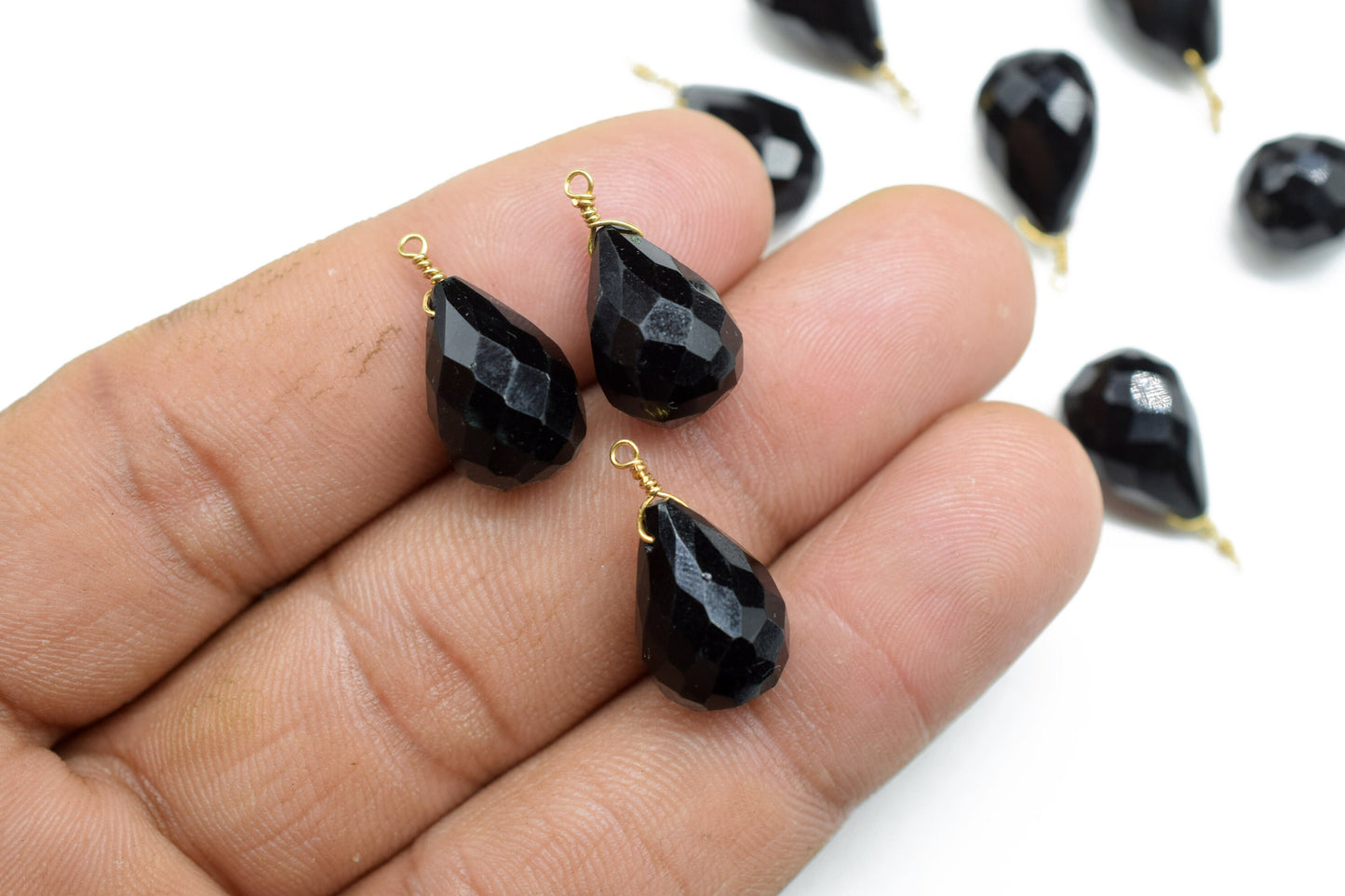 Black Onyx 10x14mm Faceted Drops,Black Onyx Wire Wrapped Gemstone Connector,Black Onyx dainty Pendants ,Black Onyx Connector Charms,B'Gifts