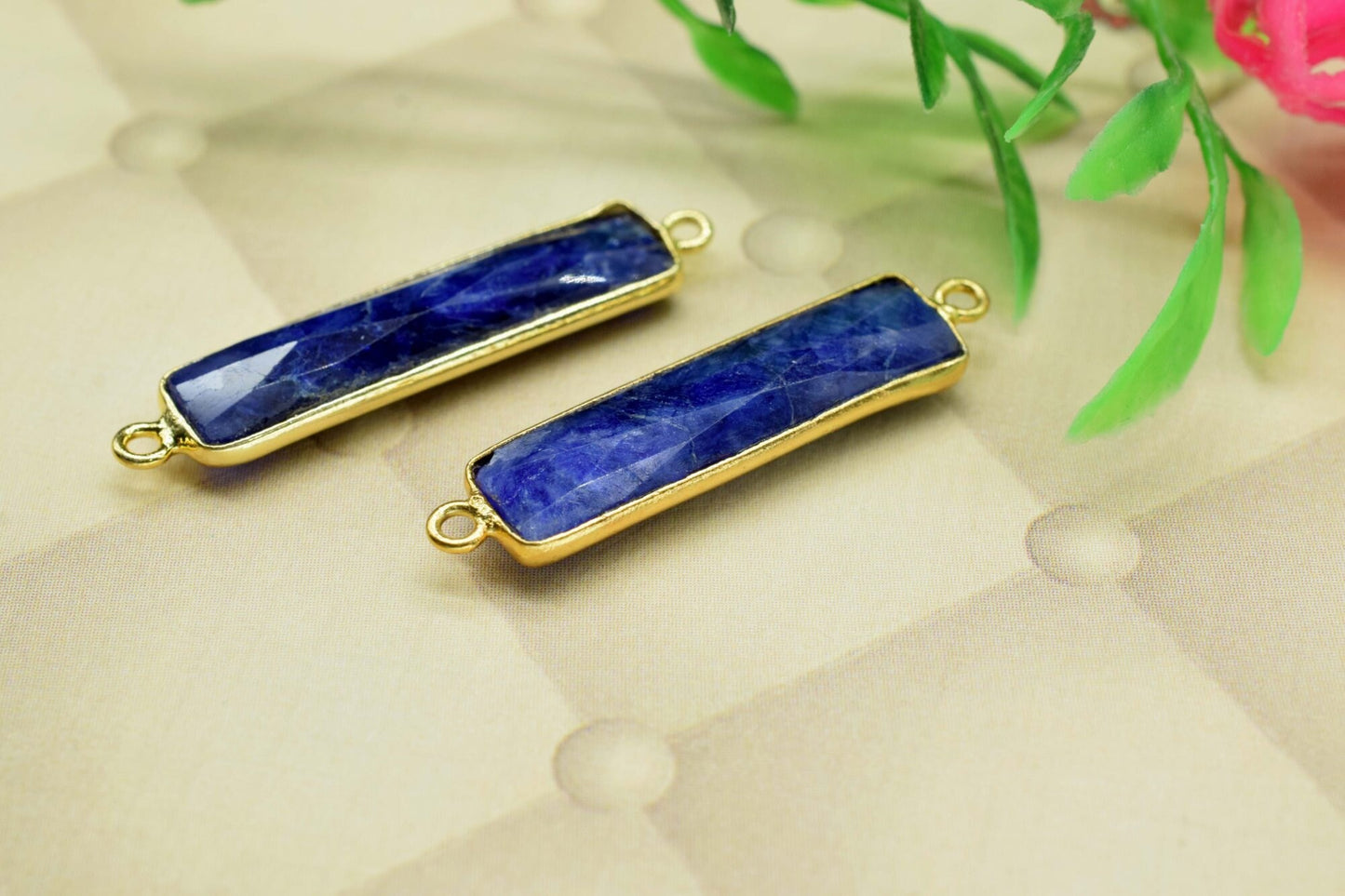 Blue sapphire 6x26mm Bezel Charm Pendant,Rectangle Shape Gold Plated bezel,Gold Vermeil Bezel, jewelry making charm,Gold-Filled bezel charm