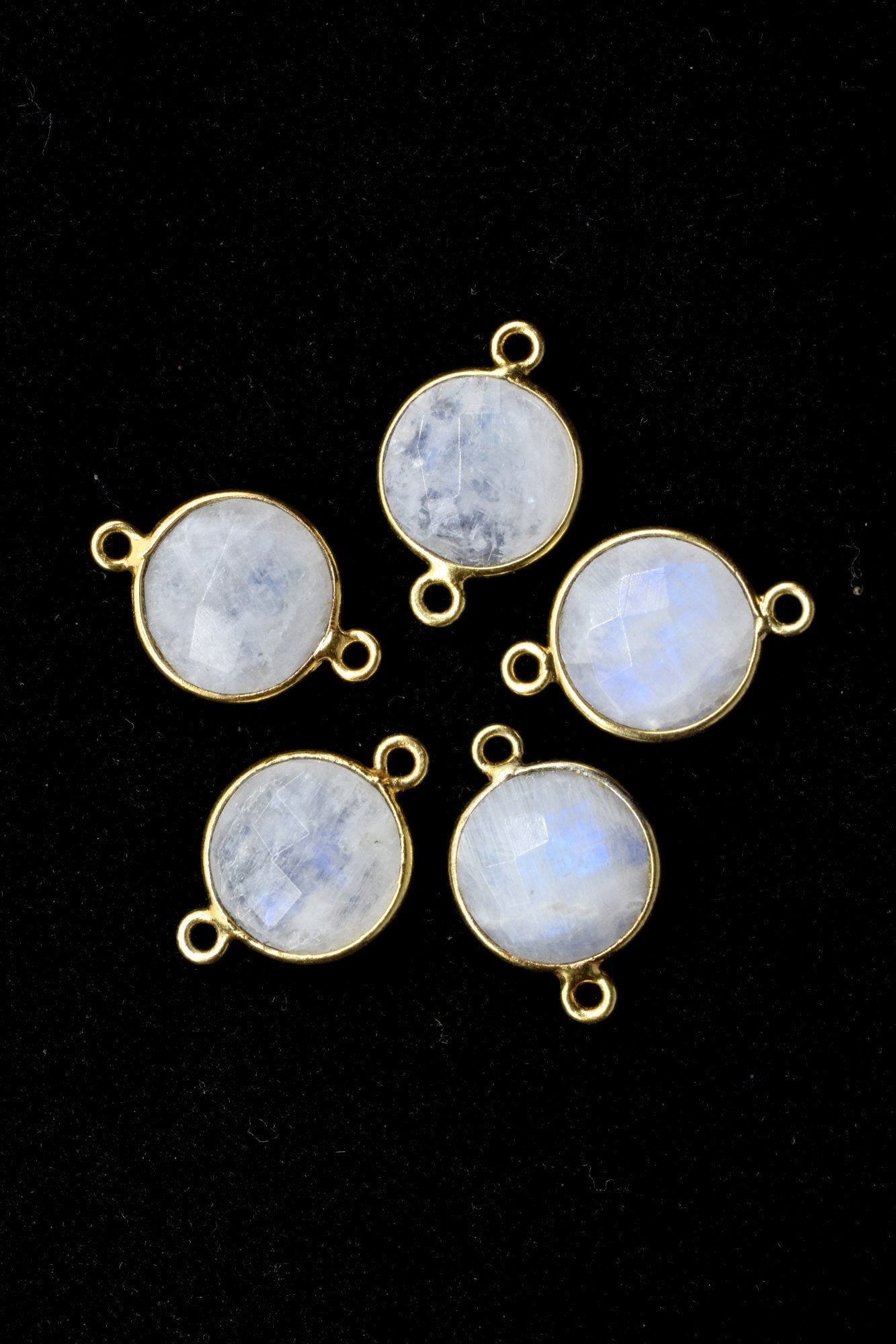 Moonstone 12mm Round double loop connectors,Moonstone Pendant,Round Gold Plated bezel,Moonstone charms,Moonstone Brass connectors,Moonstone