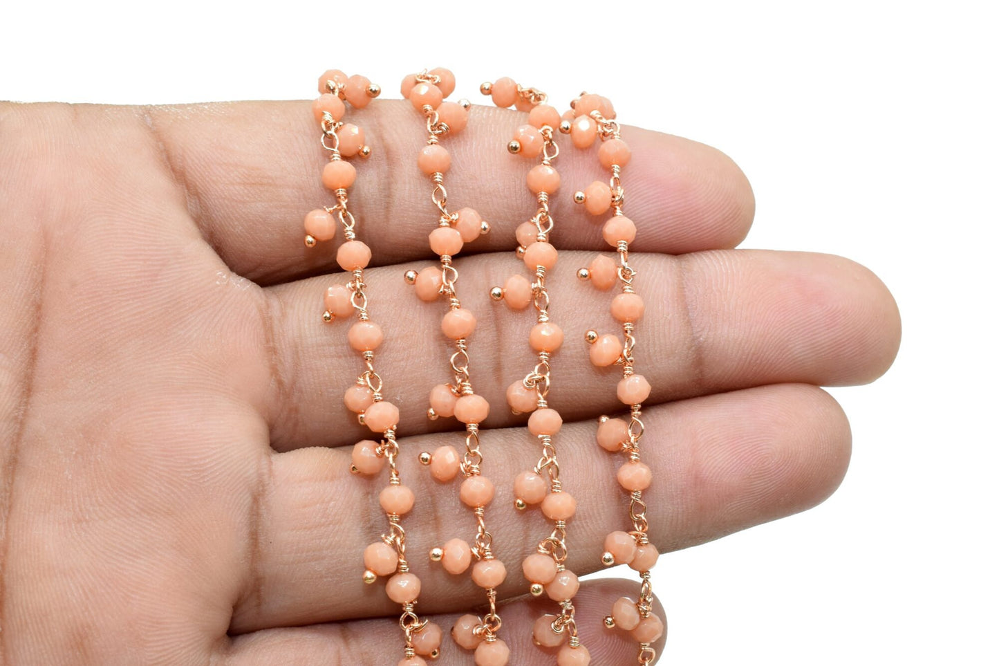 Peach Moonstone Cluster Beaded Chain, Gold Plated wire wrapped Rosary Chain,Dangling Faceted Wire Wrapped Beaded Chain,Soldby Foot Wholesale