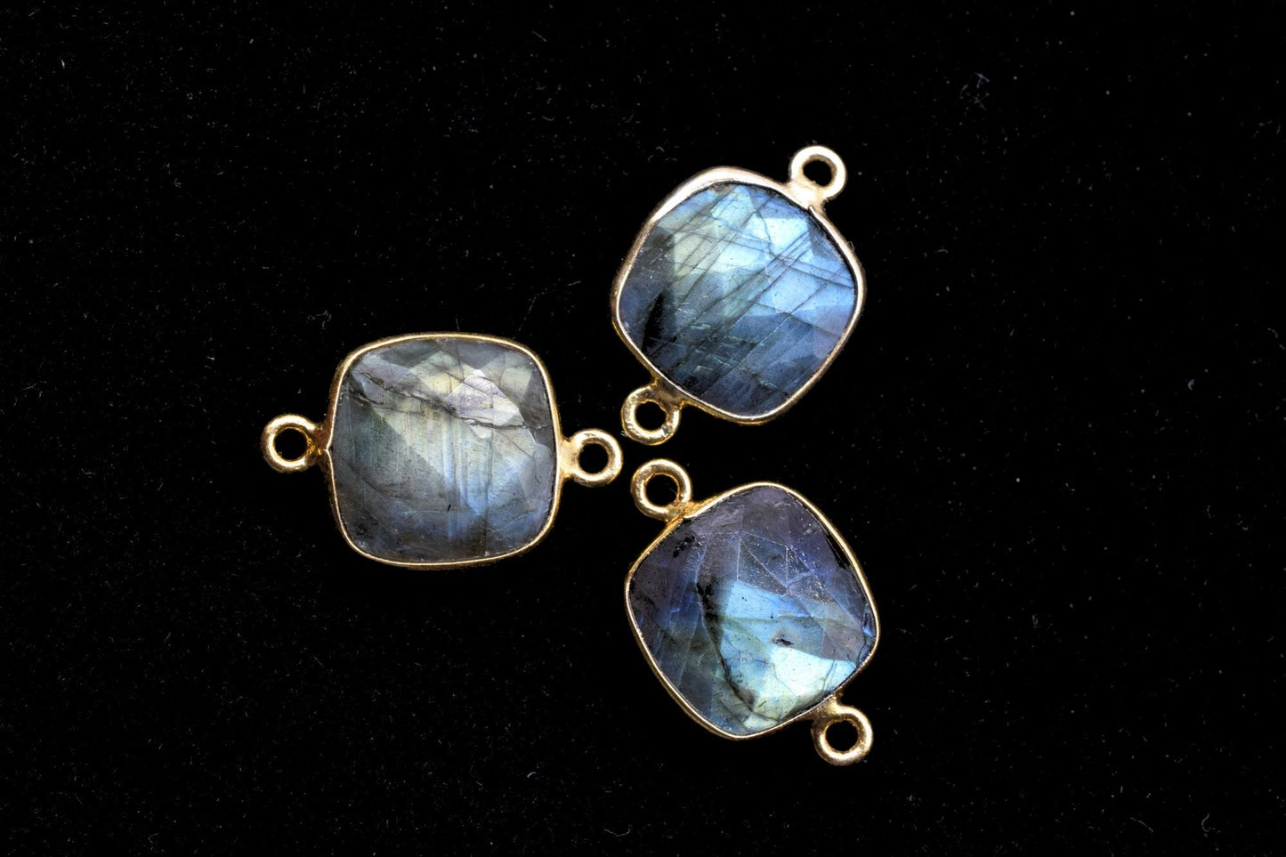 Blue Flash Labradorite 12mm cushion shape Double loop connectors,Brass Gold Plated bezels,Labradorite Pendants,Labradorite handmade bezels