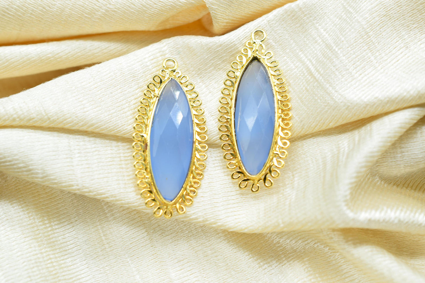 Blue Chalcedony 10x30mm Marquise Bezel Charm,Handmade Jewellery Connectors,Single Bail Pendant,long charm, Gemstone Brass Component,Gift