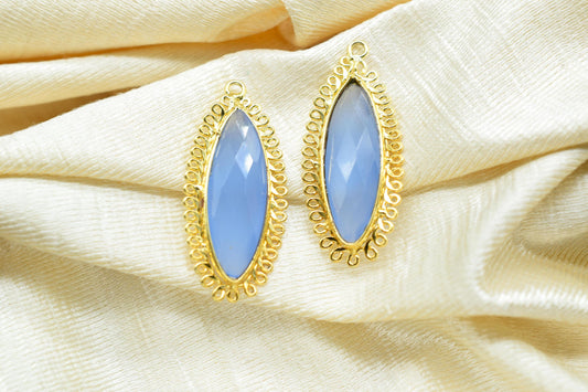 Blue Chalcedony 10x30mm Marquise Bezel Charm,Handmade Jewellery Connectors,Single Bail Pendant,long charm, Gemstone Brass Component,Gift
