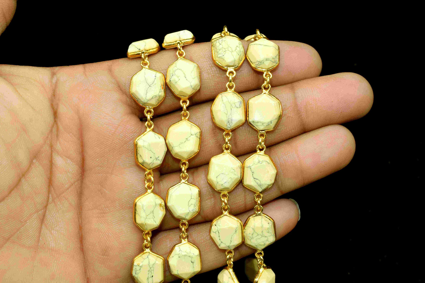 Yellow Howlite Gemstone 11x13mm Hexagon Shape Chain,Yellow Howlite Connector Chain,Handmade Station Connector,Yellow Gemstone Hexagon Beads