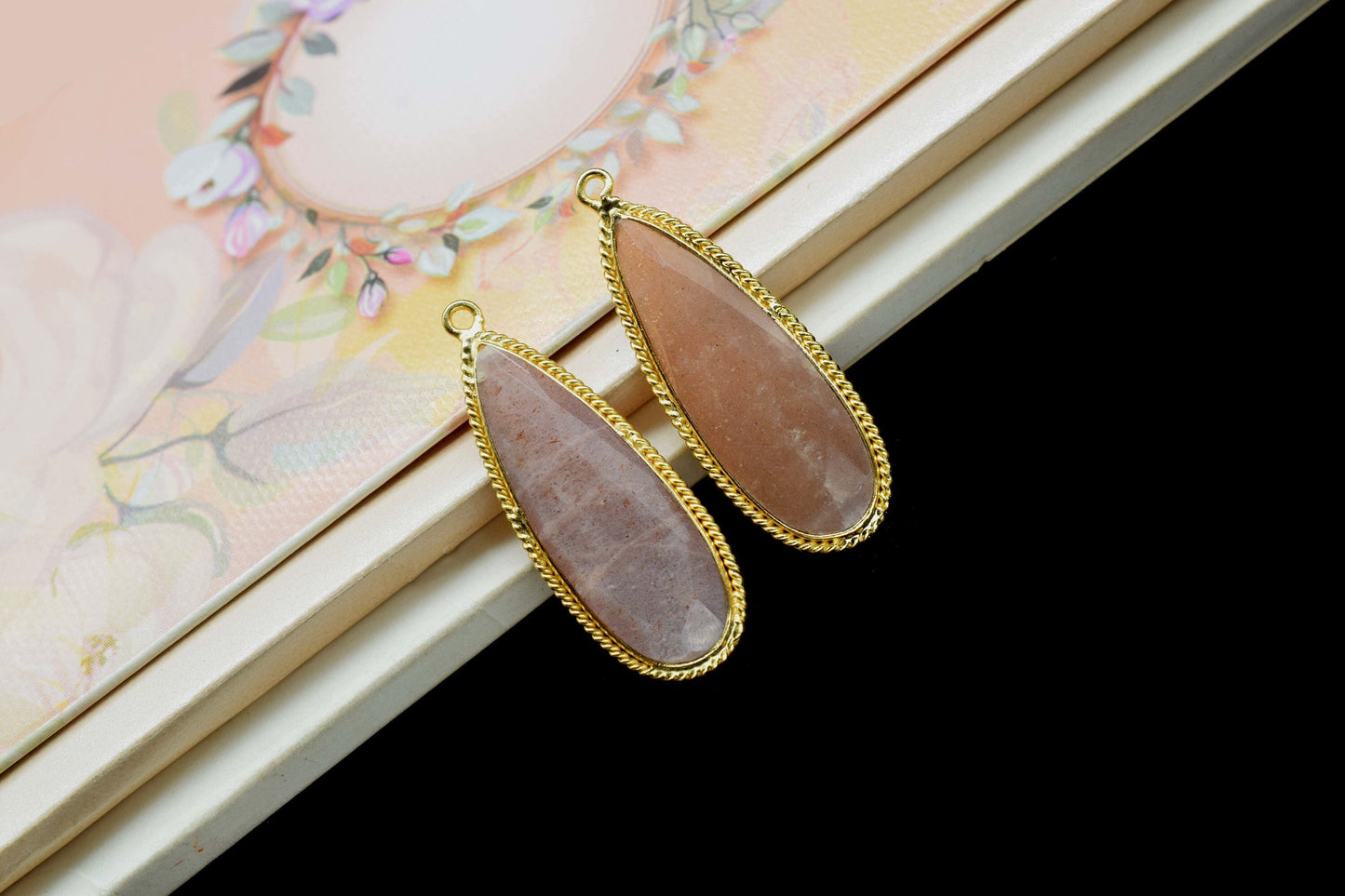 Peach Moonstone Faceted 10x30mm Teardrop Charms,Peach Moonstone Pendant Jewelry,Brass Gold Plated bezel,Peach Moonstone Connector Bezel,Gift