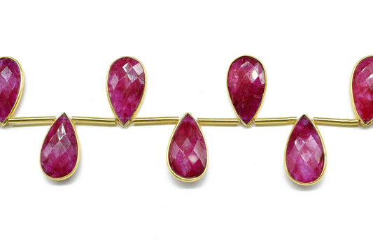 Ruby Side to Side Drilled chrams,Faceted Teardrop Gold Bezel Rim,pendant,earring findings,Ruby connector,Brass Frame Gemstone drill bezel