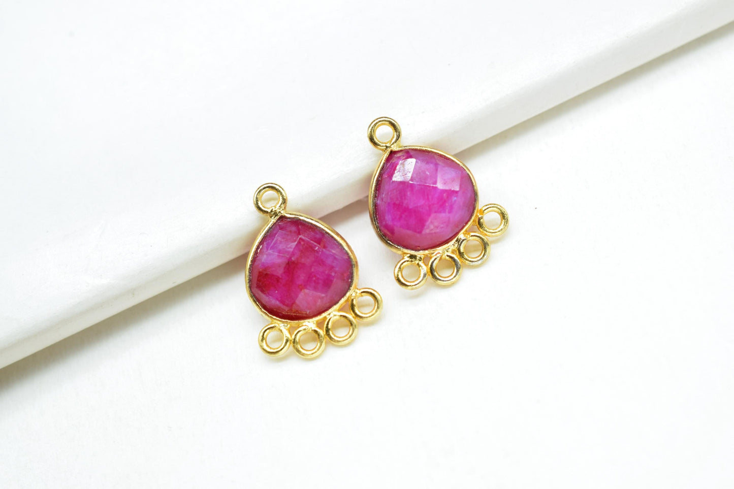 Ruby Heart Shape Pendant/Gold Plated Charms Jewelry/Handmade Connector Jewelry/Connector Charms/Station Bezel Link Supplies/B'day Gift