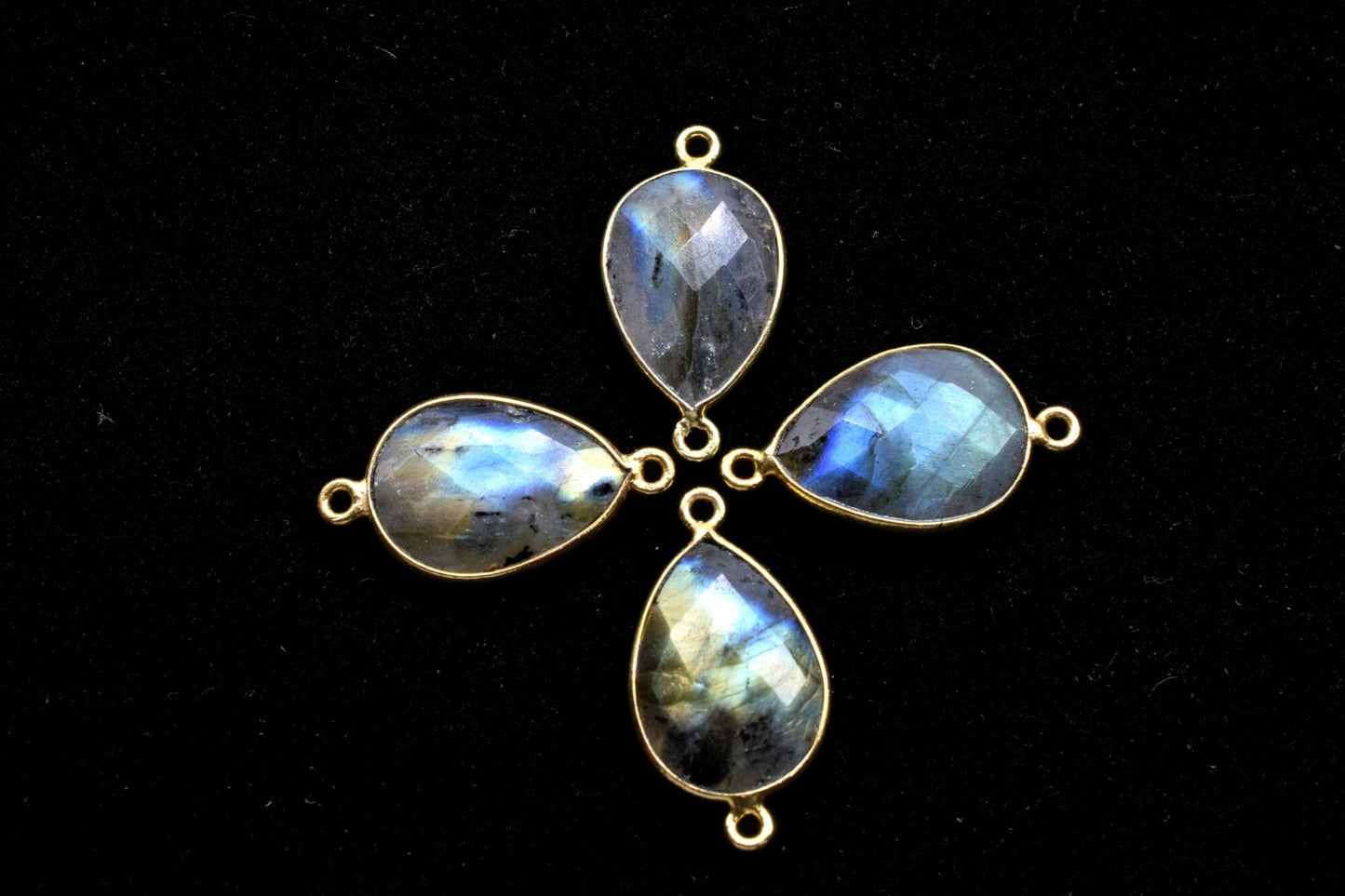 Labradorite 13x18mm Teardrop double bail connectors,Natural Labradorite Pear Checker Cut Gemstone- Pear Shape Gold Plated Bezel Connectors