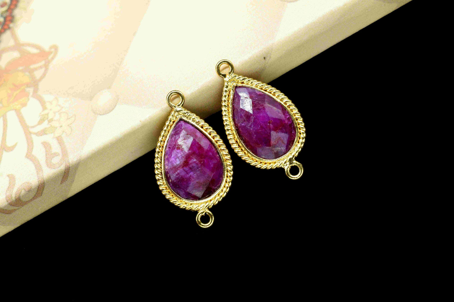 Ruby 9x13mm Teardrop Shape Connector,Gold Plated Link Connectors,Ruby Bezel Charms Connectors,Handmade Connector Jewelry,Ruby Charms Jewelry