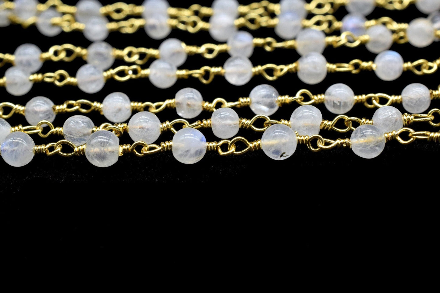 Moonstone 4mm Round Beaded Chain,Rainbow Moonstone Gold Rosary Chain,Gemstone Chains By the Foot for Rosary Necklace,Rosary Roll Bulk pirce