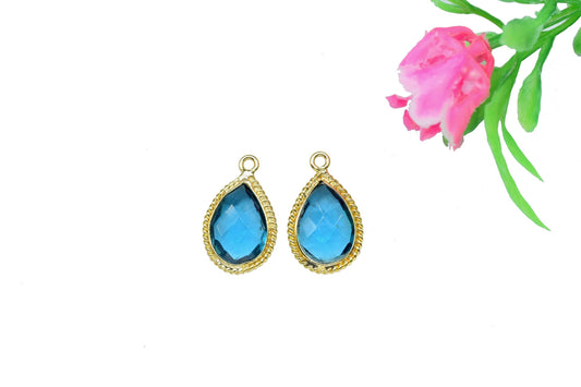 Blue Topaz 10x14 Teardrop Bezel Charm,Station Bezel Link,Blue Topaz Teardop jewelry making,Single bail Connector,Handmade Teardrop Pendant