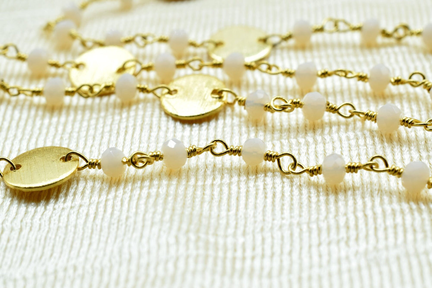 Aqua Chalcedony 3-3.5mm Rondelle Faceted circle Charm,24K Gold Plated Rosary Chain,Chalcedony Beaded Chain,Beaded Gold Plated Wire Wrapped