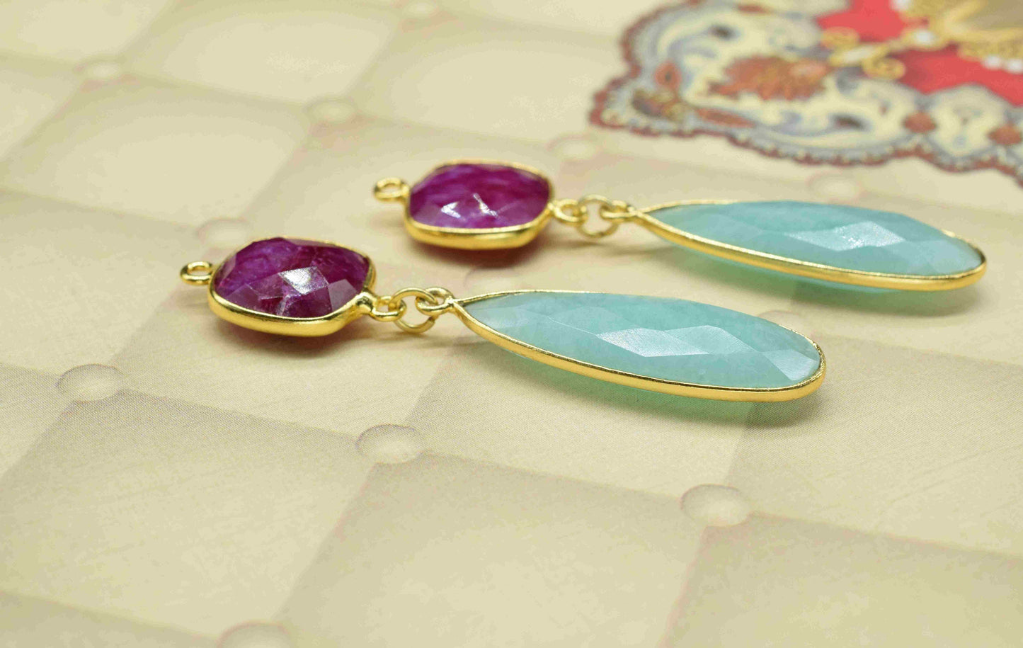 Multi Gemstone Dangle pendant Charms,Amazonite pendant Connector,Ruby Dangle Earring,Handmade pendant,Station Bezel Link,Component jewelry