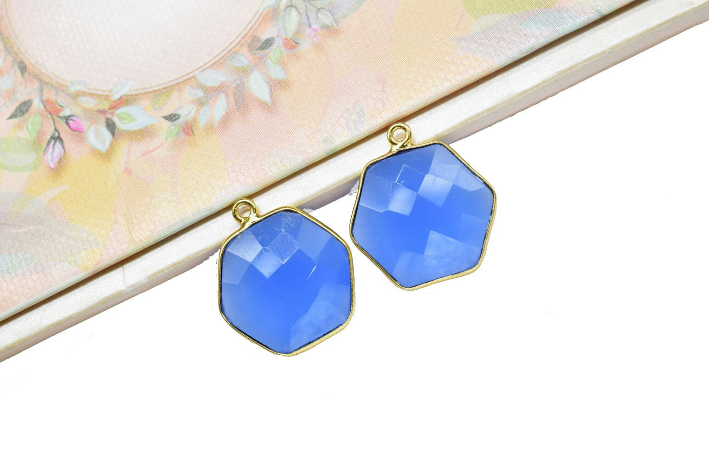 Blue chalceeony 16mm Hexagon Shape Pendant,Faceted Hexagon Shape Gemstone Bezel,Hexagon Pendants,Gold Plated Single Bail Gemstone Connector