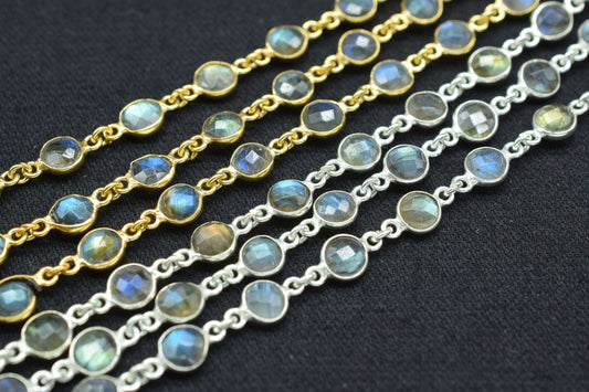Labradorite 6mm Round Bezel Connector Chain,Gold Plated Gemstone Connector Chain,Bracelet Chain,Bezel Continuous Connector Chain by foot,