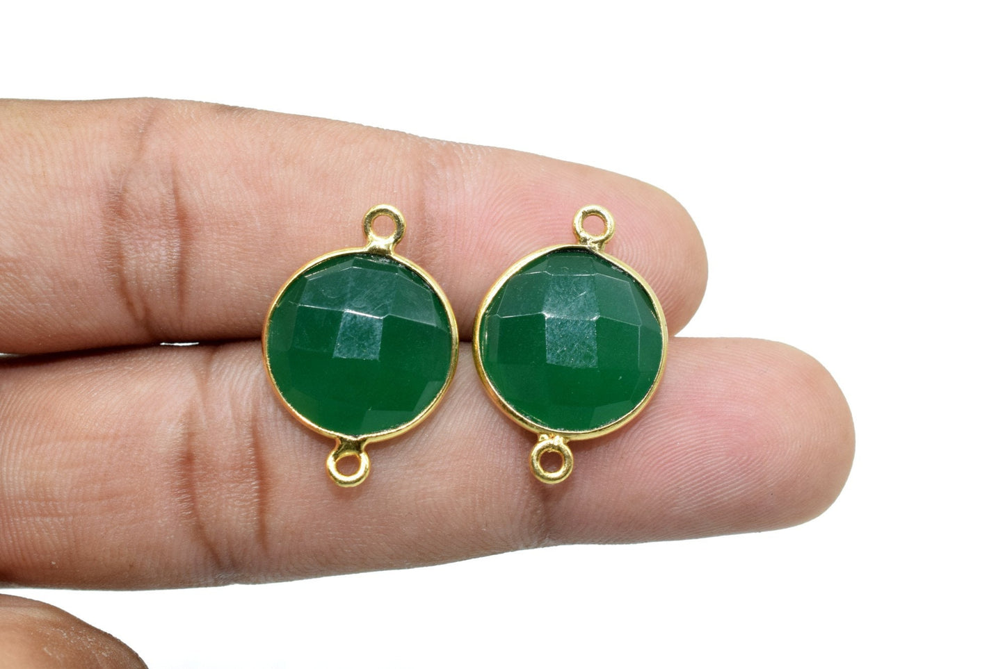 Natural Green Onyx 14mm Round Dual links connector,Brass Gold Plated bezel,Green Onyx Pendant,Stone Links,Gems Station,Onyx Earring Supplies