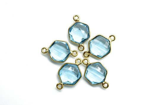 Sky Topaz 10mm Hexagon Shape Pendant,Gold Plated double Bail Gemstone Connector,Faceted Hexagon Shape Gemstone Bezel,Topaz Hexagon Charms