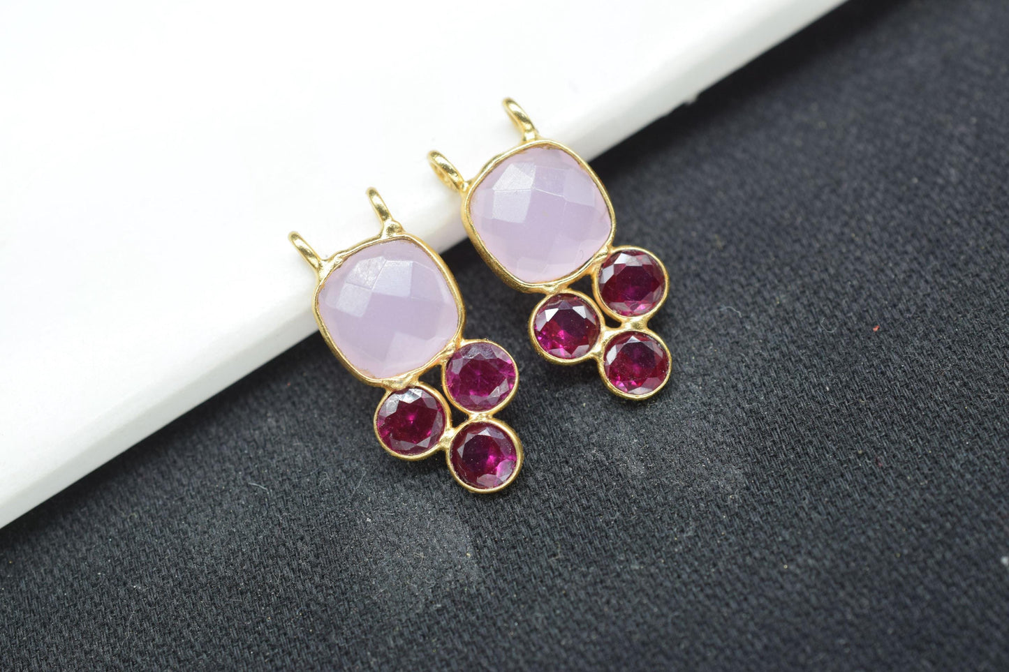Rose Quartz 8mm Cushion shape Bezel charms,Rose Quartz Pendant,Pink Gemstone connector,Rose Quartz  Jewelry,Cubic zirconia Bezel charm,p001