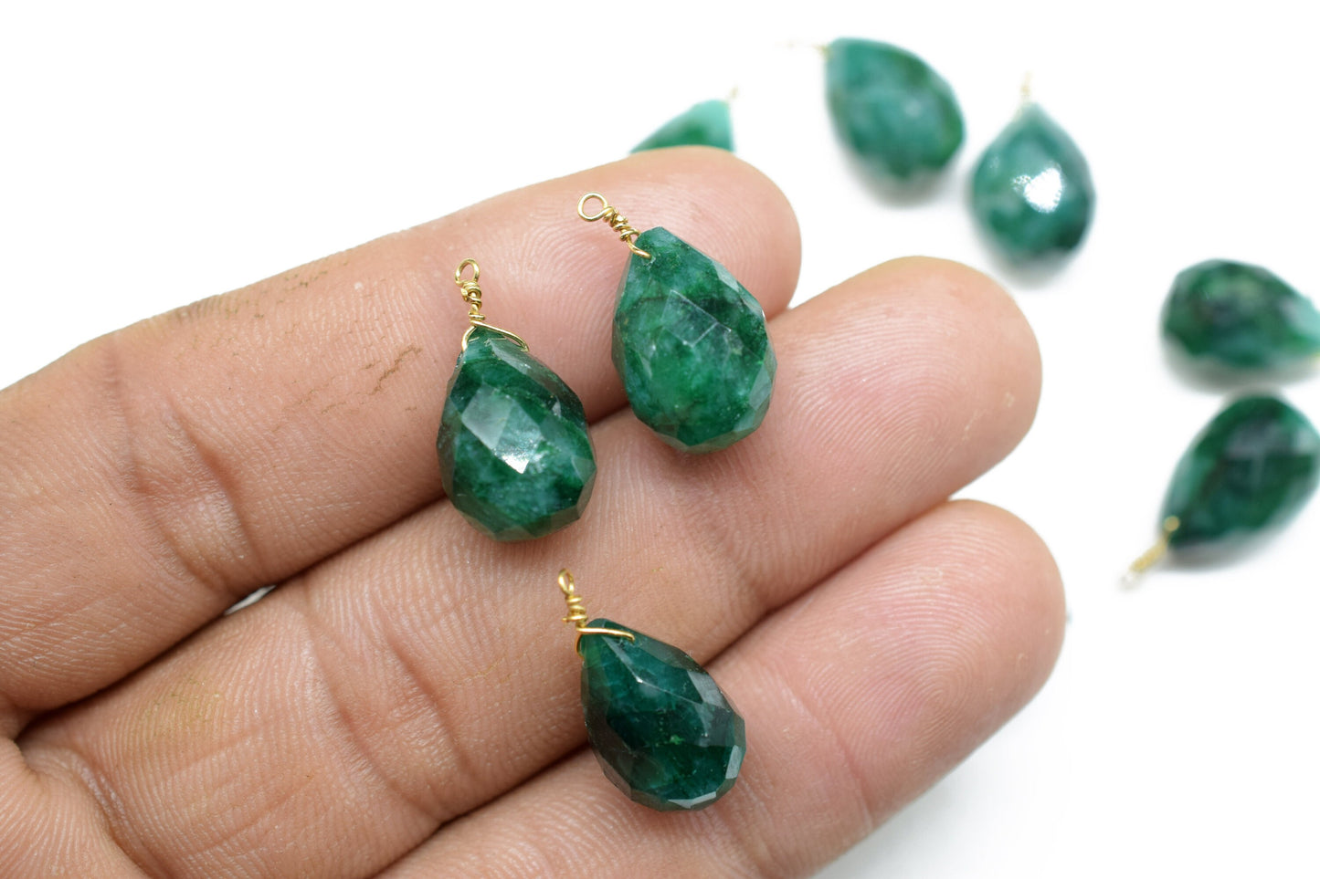 Natural Emerald 10x14mm Faceted Drops,Emerald Wire Wrapped Connector,Emerald dainty Pendant,Emerald Connector Charms,Emerald Teardrop Beads