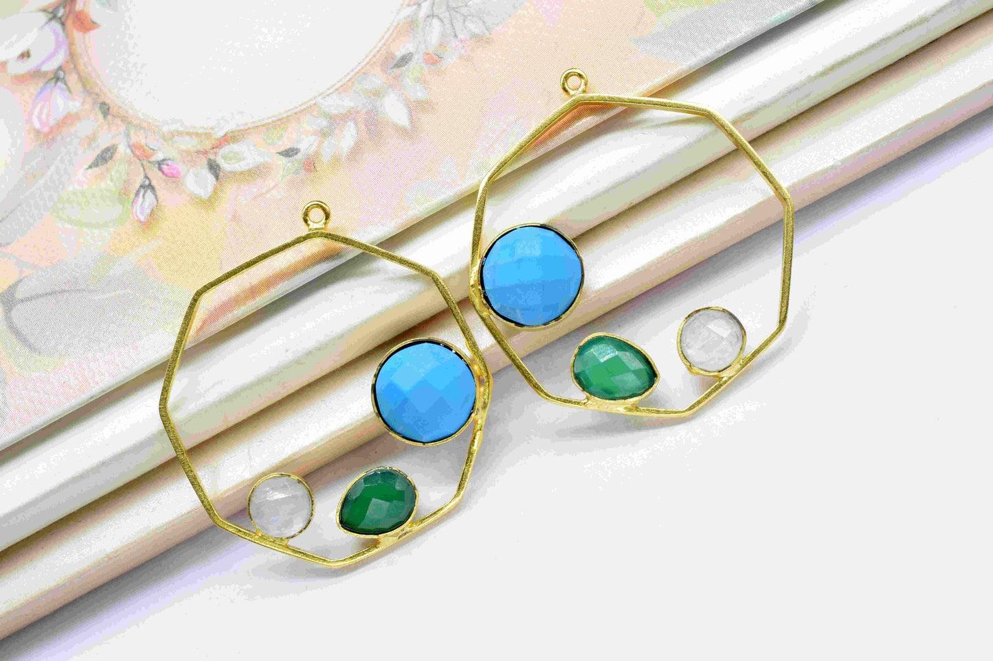 Multi Stone Turquoise Gemstone 10mm Round Shape Pendant,Green Onyx Pendant,Moonstone Faceted Gemstone,Finding Hexagon Shape Jewelry,Gift Her