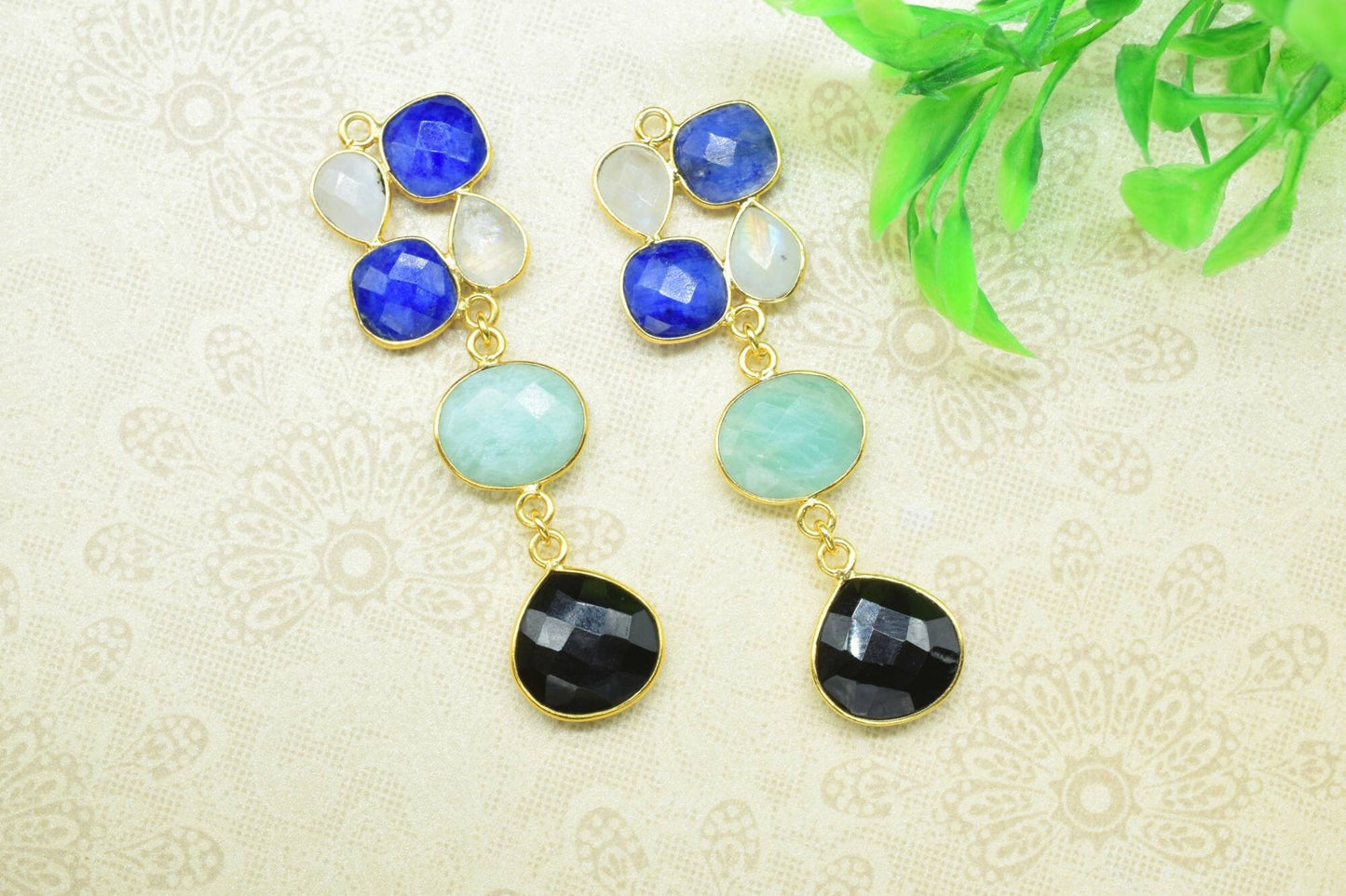 Multi Stone Earring Connector,Station Link Connector,Multi Stone Pendant Jewelry,Gemstone Bezels Pendant Charms,Handmade Component Jewelry,