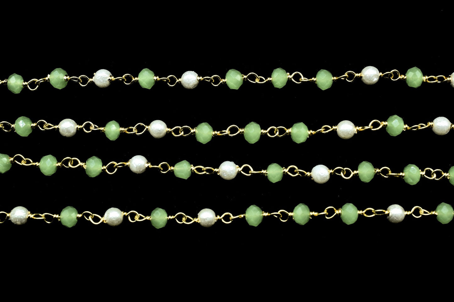 Prehnite Faceted Beads Rosary Chain,Gold Plated Wire wrapped Beaded Chain,Gemstone Beads Rosary Chain,Pearl Rosary Chain,Wire Wrapped Beads