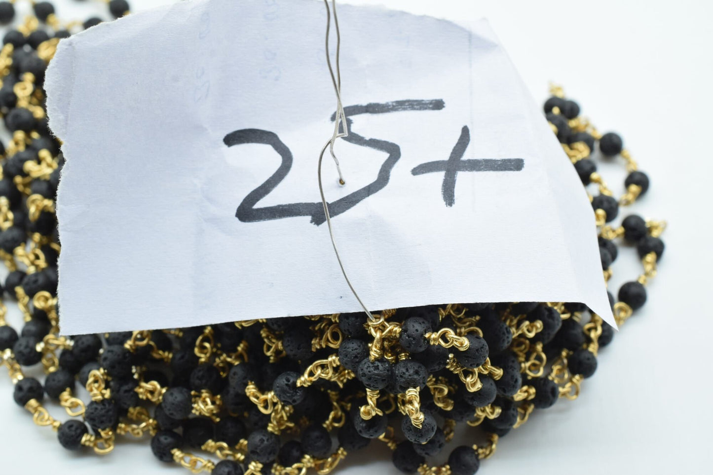 Black Lava Rock 4mm Round Beaded Wire Wrapped gold Polished Plated Chain - Beaded Chain,Black Lava Rosary Chain,Delicate Rosary Beaded Chain