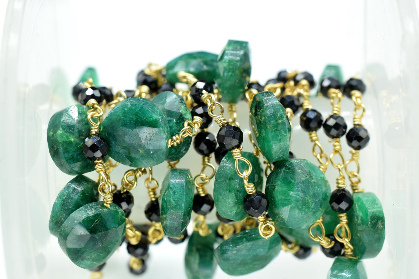 Natural emerald With black onyx Beads Rosary Chain, New Style Cluster Beads Chain, Briolette Drilled Teardrop Shape Chain Supplies.gemstone