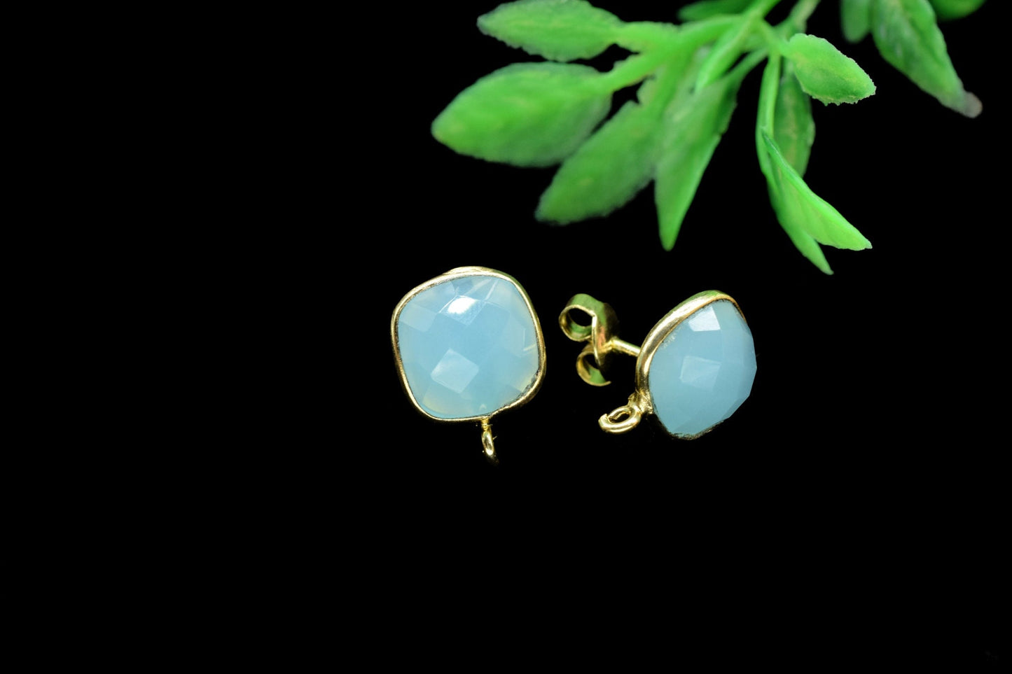 Aqua Chalcedony 10mm Cushion Earring Connector,Aqua Jewelry,Gemstone Ear Post Studs Connector,Cushion Earrings Connector, Earring Connector,