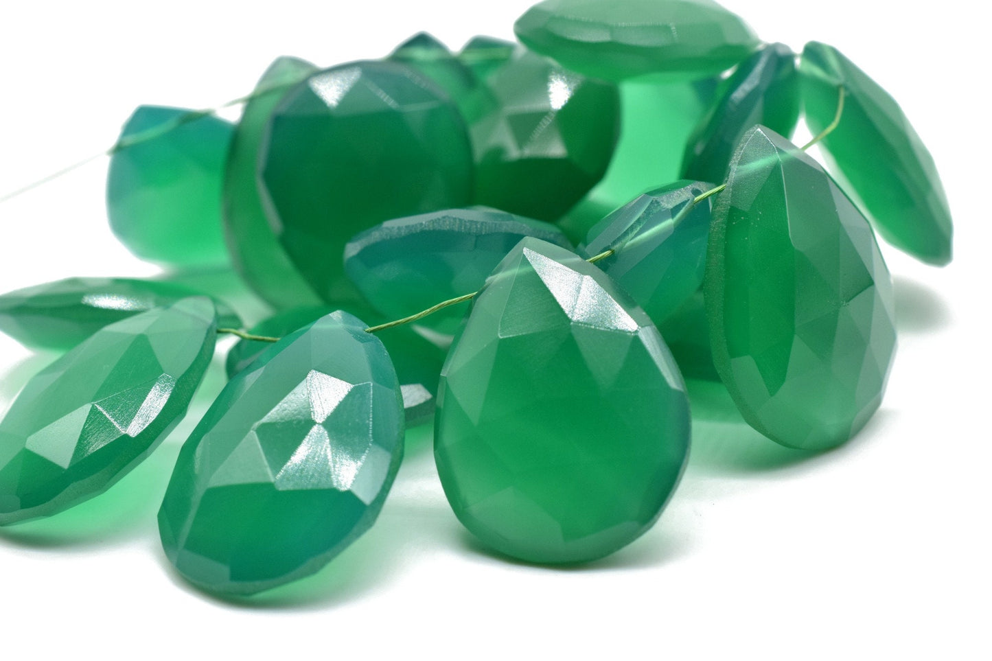 Green Onyx AAA Gem Quality Calibrated Net Faceted Side Drilled Pear Briolette Beads 15x 20mm- Really Lovely Green Onyx Color,Onyx Pair,Onyx