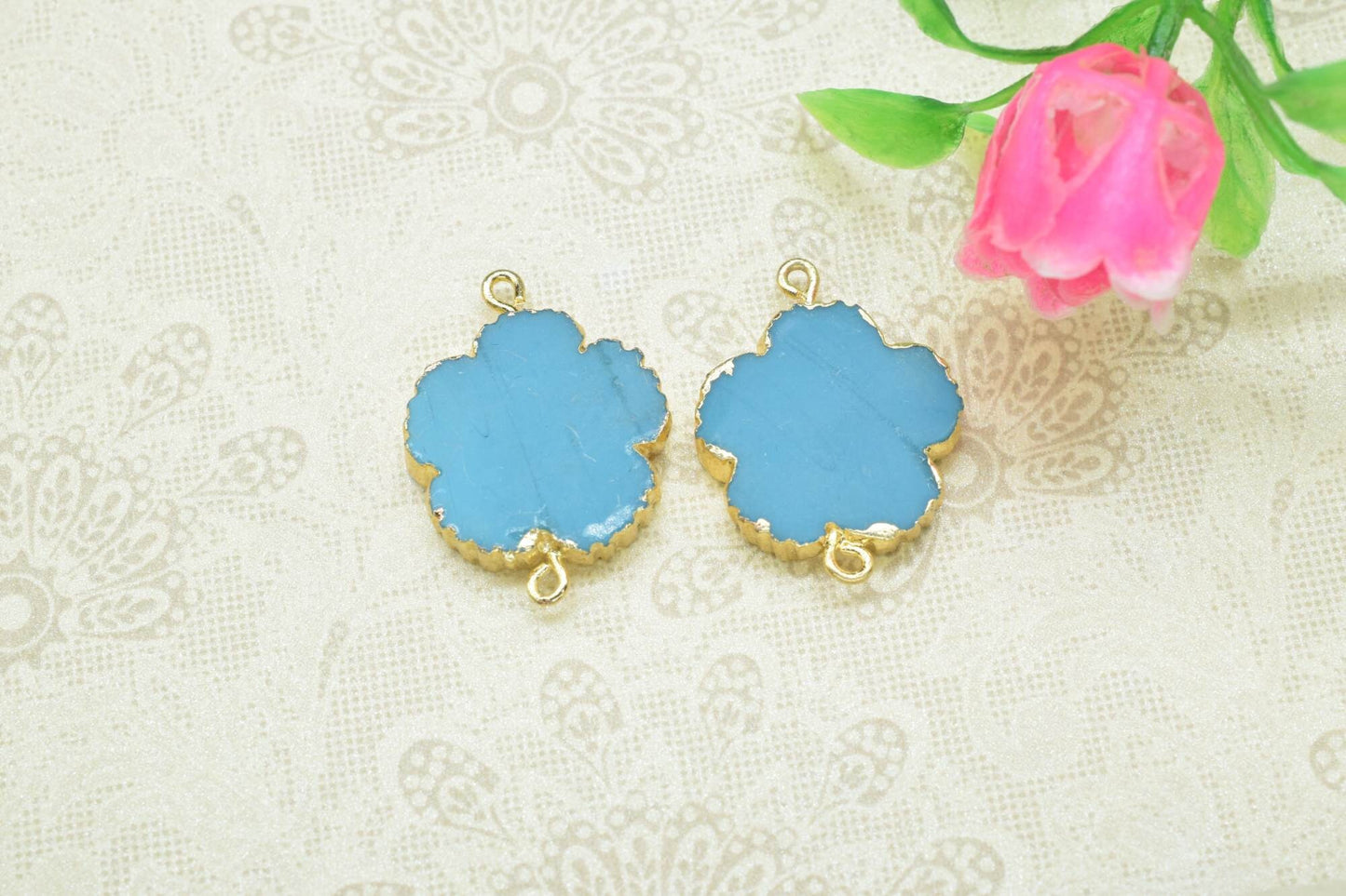 Turquoise Clover Shape Pendants,Handmade Flower charm Pendant,Necklace Connectors Jewelry,Gemstone Electroplated Charm,Double Bail Connector