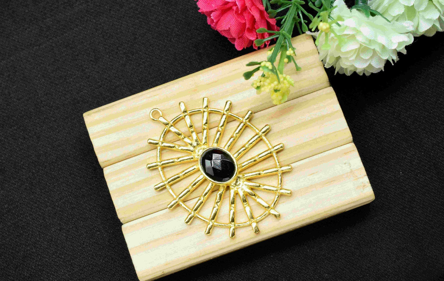 Black Onyx Gemstone Component Single Bail Charm, Black Onyx Connector Pendant, Gold Plated Connectors ,Pendant Jewelry, Earring Component