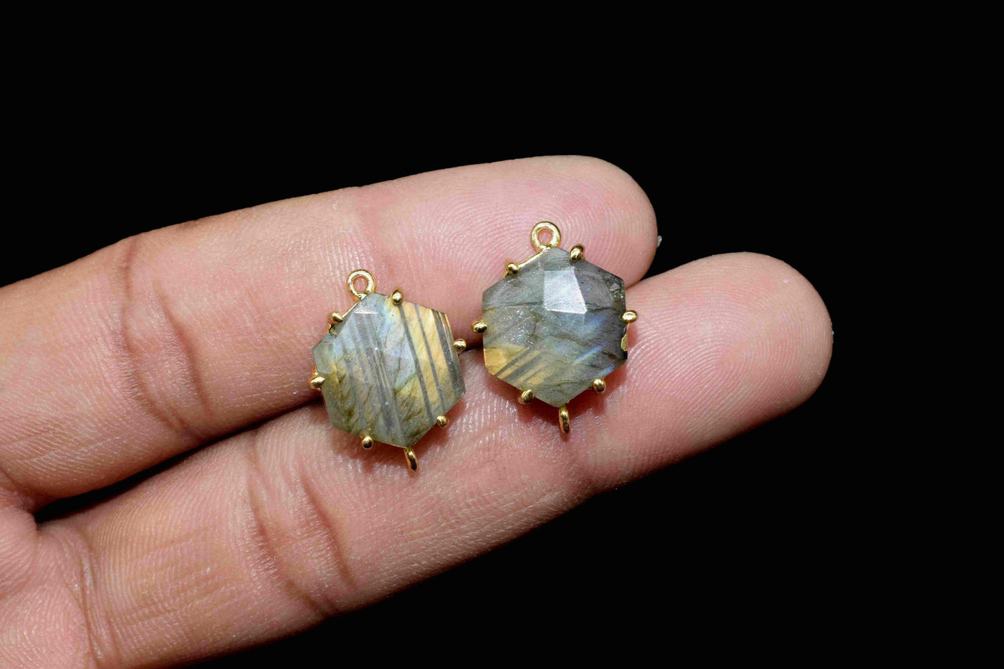 Labradorite Hexagon Connector,Charms for bracelet necklace Jewelry Making,Handmade Gemstone Bezel,Beads Prong Jewelry,double bail connector