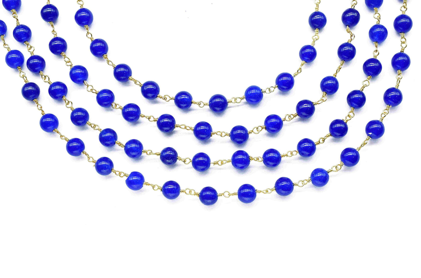 Blue jade Smooth Gemstone 6mm Smooth Bead Chain,Blue jade Beaded Rosary Chain Jewelry,Blue jade Wire Wrapped Gold Plating Beads Chain,Gift