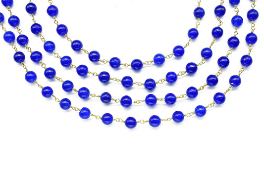 Blue jade Smooth Gemstone 6mm Smooth Bead Chain,Blue jade Beaded Rosary Chain Jewelry,Blue jade Wire Wrapped Gold Plating Beads Chain,Gift