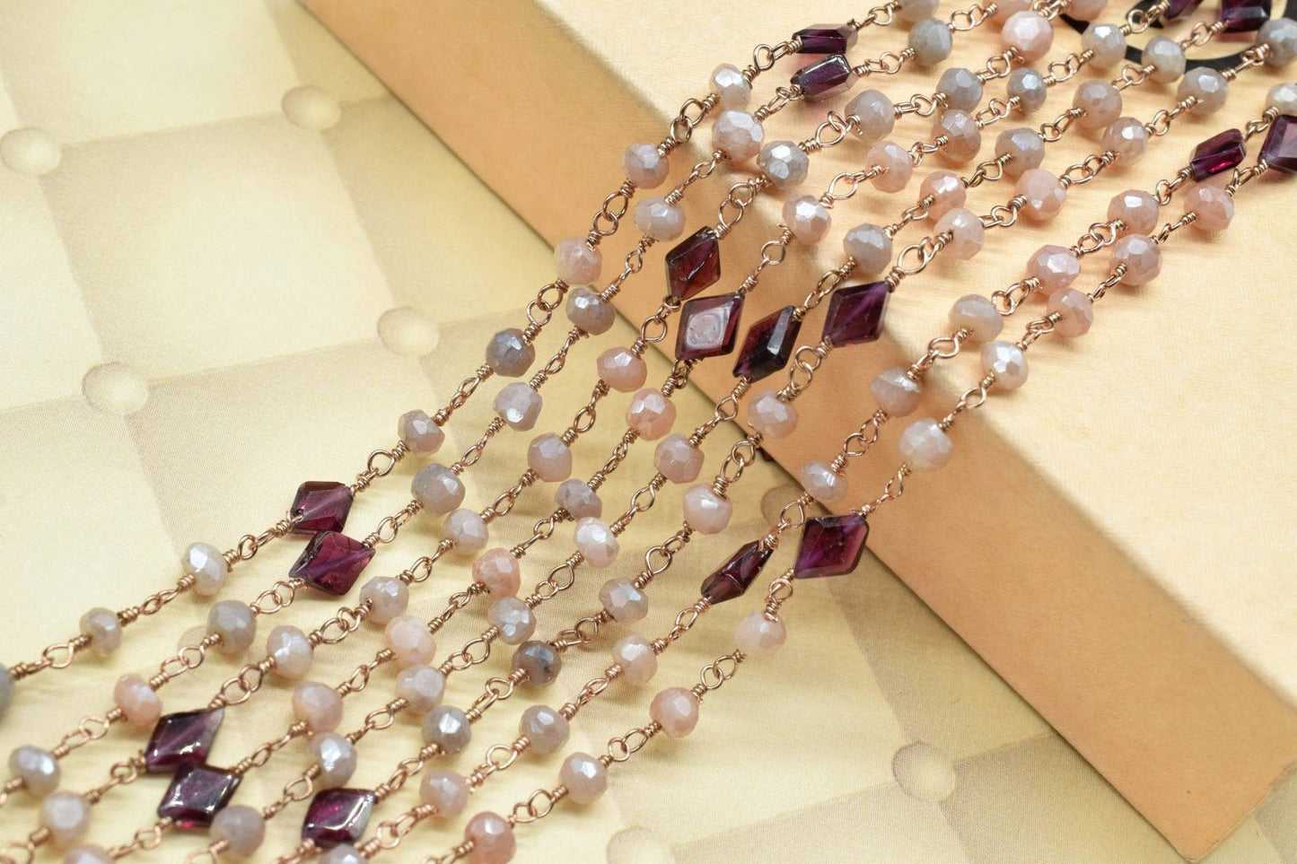 Chocolate/Peach Moonstone Gemstone Rosary Chain,3.5mm Faceted Beads, 24k Gold Plated Wire Wrapped Chain,garnet beaded chain,multi gemstone,
