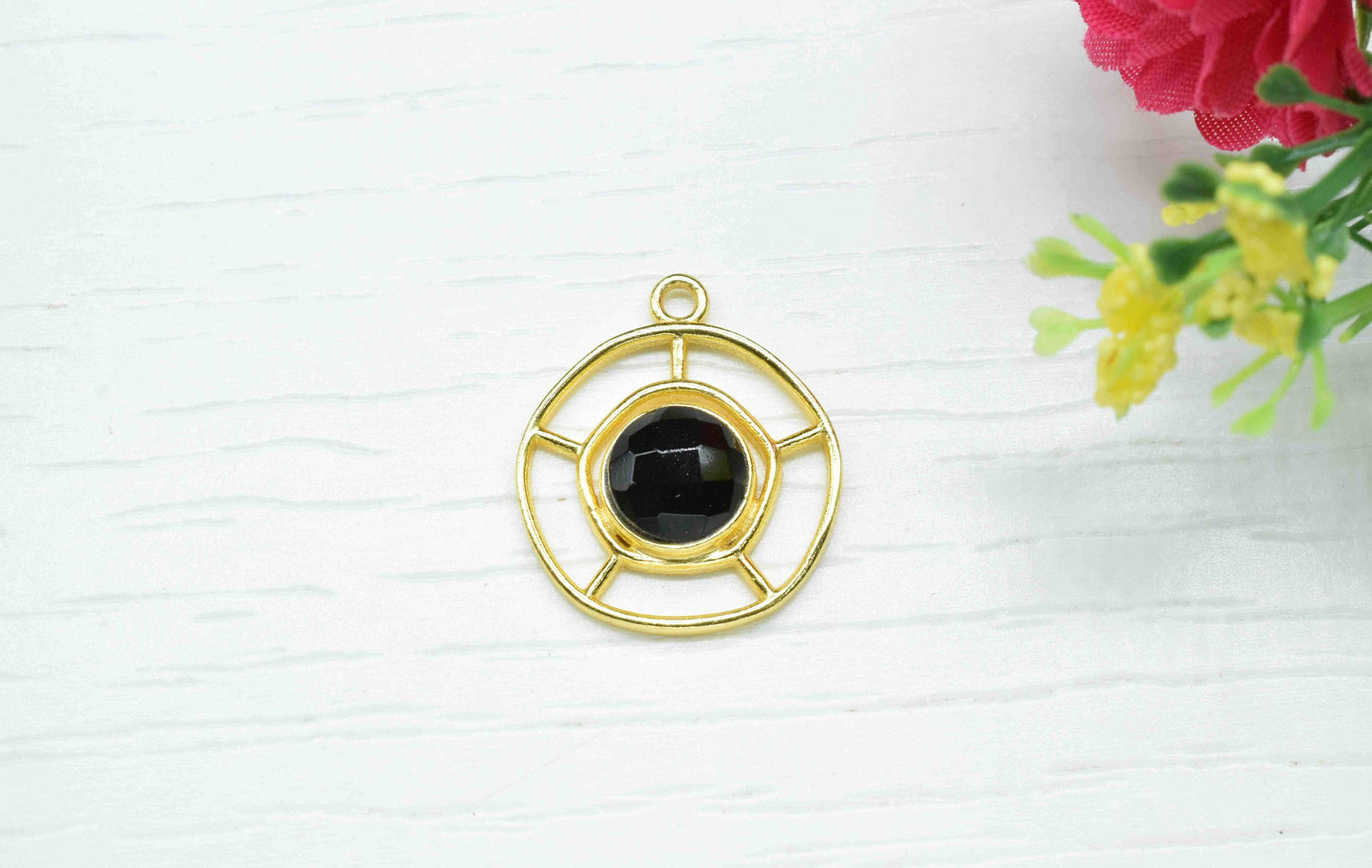 Black Onyx Gemstone Component , Single Bail Charm , Black Onyx Connector Pendant , Gold Plated Connectors , Earring Component , B'day Gift