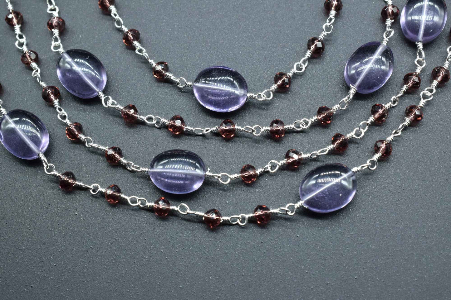 Amethyst Gold Plated wire Wrapped Rosary Chain,Smooth Natural Amethyst Oval Nugget Shaped Beads,Garnet beaded chain,Amethyst  Rosary Chain