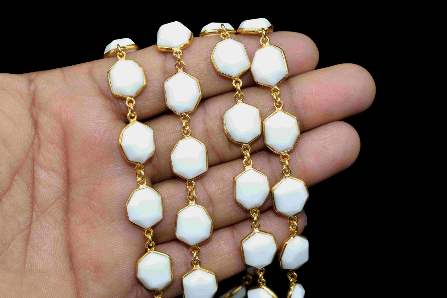 White Agate One Side Faceted 11x13mm Hexagon Shape Bezel Chain,White Agate Chain Jewelry,White Agate Gemstone Gold Plating Bezels Link Chain