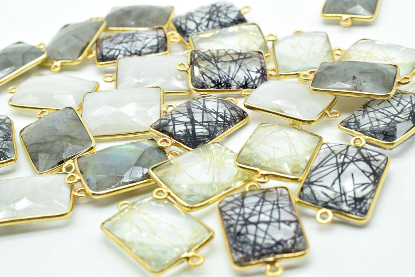 Black Rutile 15x20mm Rectangle shape double bail charm,Black Rutile Stone Pendant Charm,Black Rutile Double Bail Connectors,Cushion charms