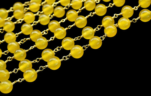 Yellow Chalcedony Quartz Smooth 6mm Round Beaded Chain,chalcedony Quartz Brass Wire Wrapped Necklace Chain,quartz gold Plating Beads Rosary
