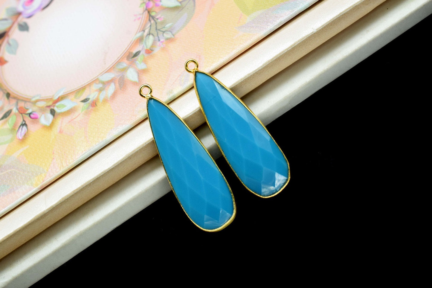 Blue Turquoise 10x30mm Teardrop Charm,Turquoise Gemstone Connector silver Plated Bezel,Single Bail Connector,Teardrop Shape Pendant
