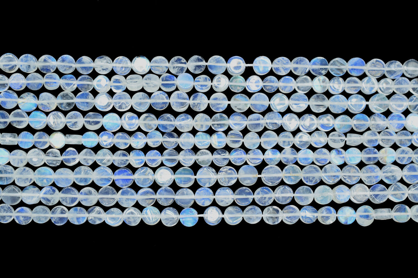 Natural Blue Fire Rainbow Moonstone Coin Beads,4 to 5mm White Rainbow Moonstone Smooth Coin Beads,AAA Moonstone Beads,Semi Precious Gemstone