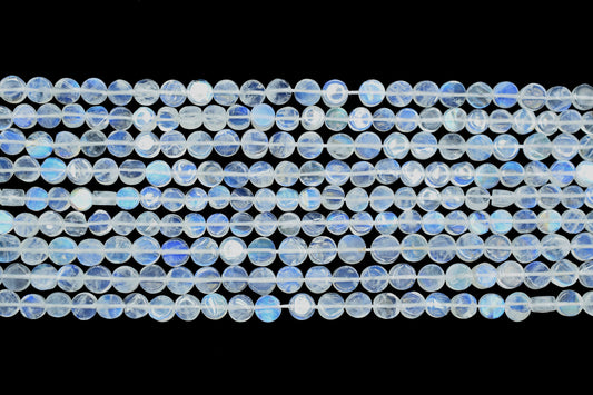 Natural Blue Fire Rainbow Moonstone Coin Beads,4 to 5mm White Rainbow Moonstone Smooth Coin Beads,AAA Moonstone Beads,Semi Precious Gemstone