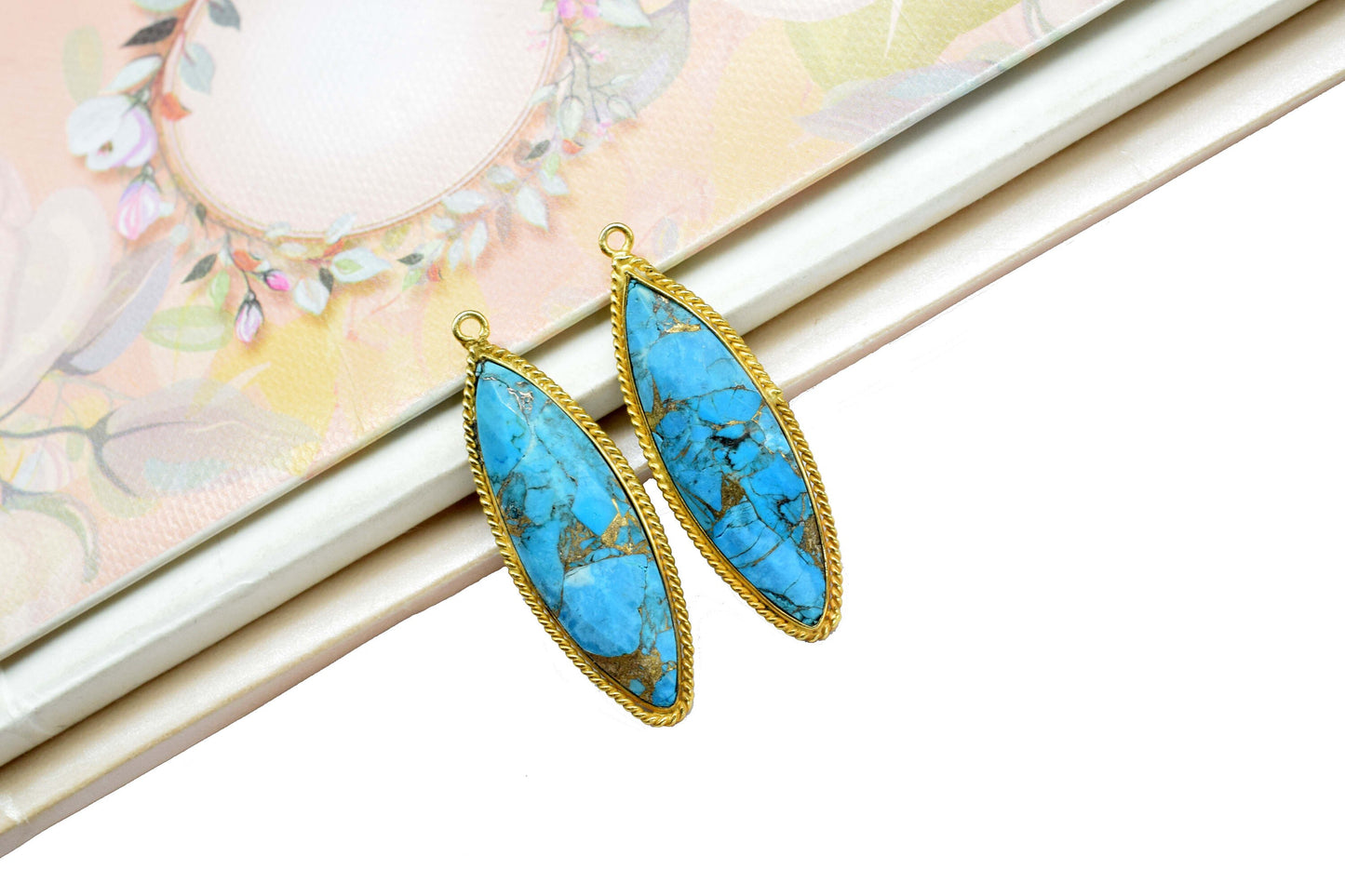 Blue Copper Turquoise 10x34mm Marquise Shape Charms Pendant,Turquoise Single Bail Pendant,Copper Turquoise Gold Plating Gemstone Charms,Gift